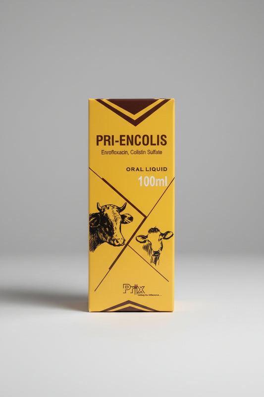 Yellow box of Pri-Encolis oral liquid with cow illustrations on a dark background