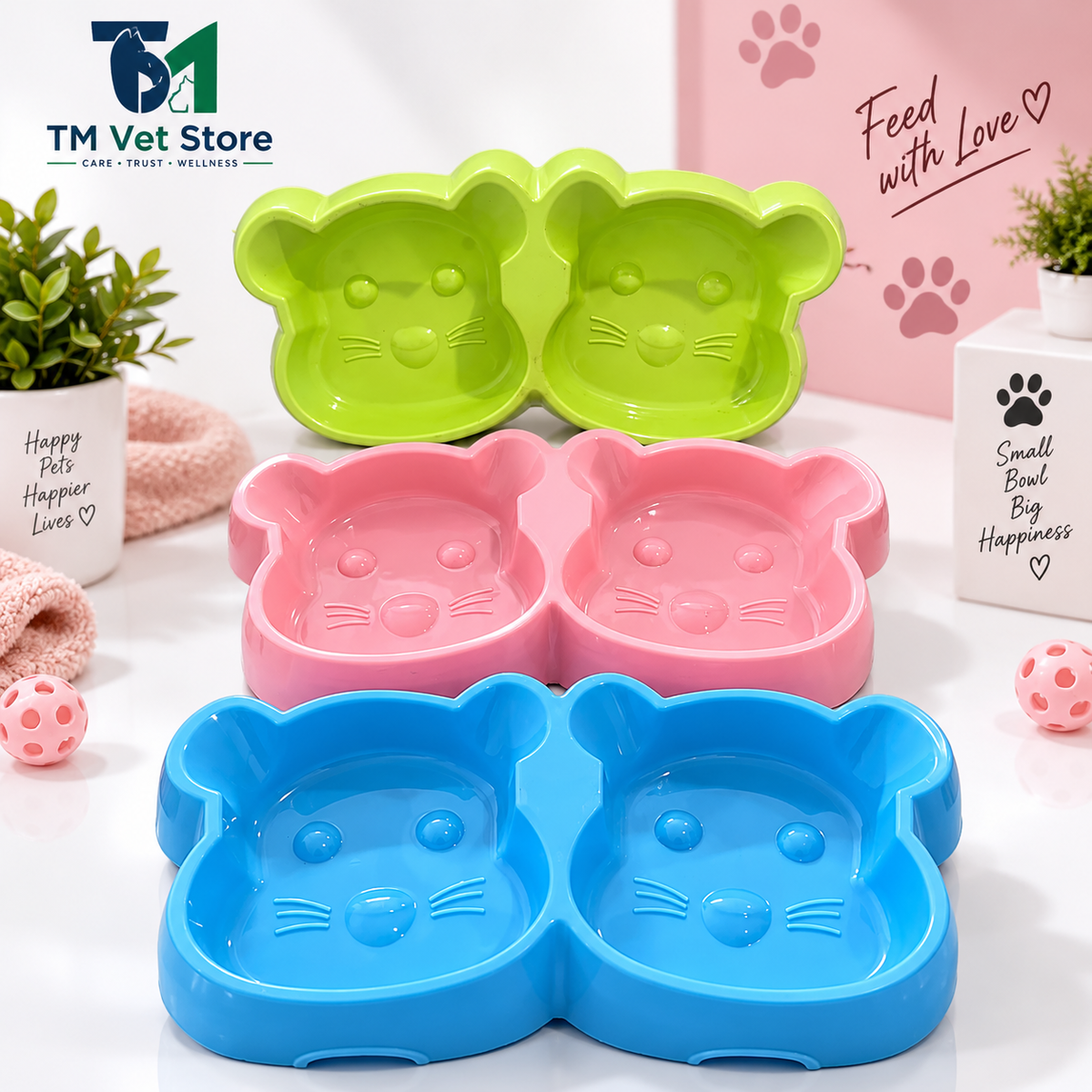 Double Cat Face Feeding Bowl